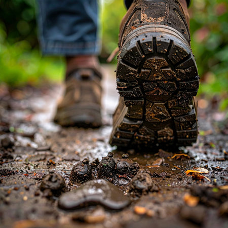 A close-up, low-angle view captures the gritty detail of a muddy hiking boot pressing into a wet forest trail.の素材