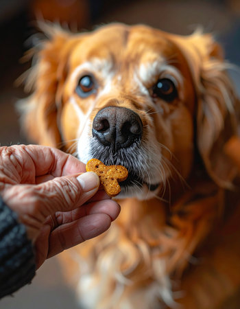 A close-up, heartwarming moment captures the gentle bond between a person and their beloved senior dog.の素材