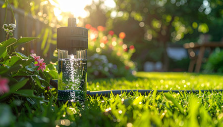 As the golden hour sun sets, an automated smart irrigation system efficiently waters a lush green lawn and vibrant garden.の素材