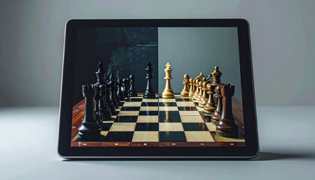 The classic game of kings is reborn in the digital age. A virtual chessboard on a sleek tablet awaits the next move, symbolizing the intersection of timeless strategy and modern innovation.の素材