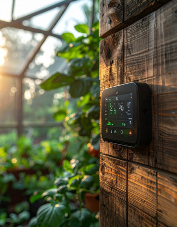 A smart home automation device mounted on a rustic wooden wall monitors and controls the climate inside a lush greenhouse.の素材