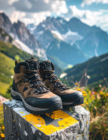 A pair of well-worn hiking boots rests on a trail marker, a silent testament to the journey accomplished.の素材