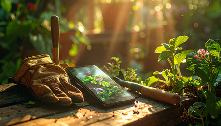 A modern gardener's tools, including a smartphone with an application, rest on a wooden surface amidst lush plants.の素材