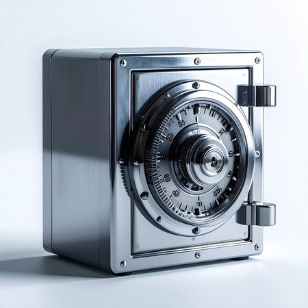 A heavy-duty steel safe stands ready, its complex combination dial guarding valuable assets and confidential secrets.の素材