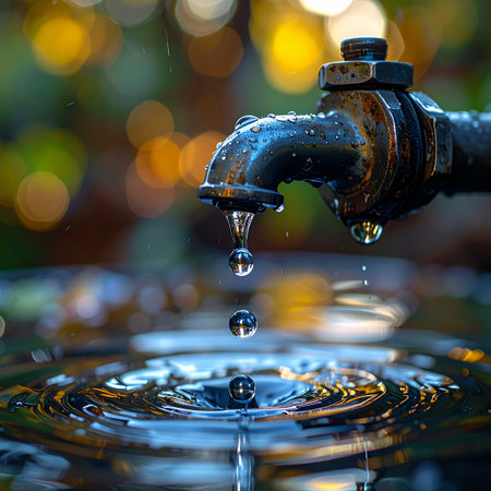 A single drop of water falls from an old outdoor faucet, creating perfect concentric ripples on the surface below.の素材