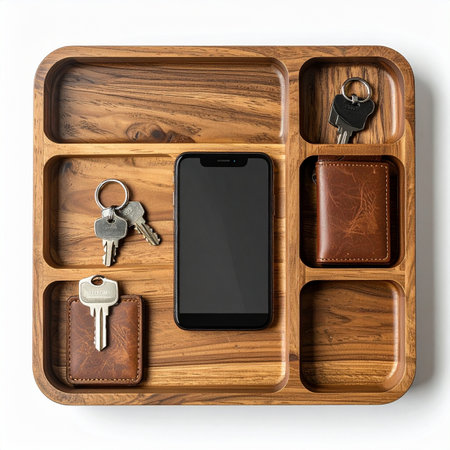 A top-down view of a beautifully crafted wooden valet tray, providing a designated spot for all of life's daily essentials.の素材