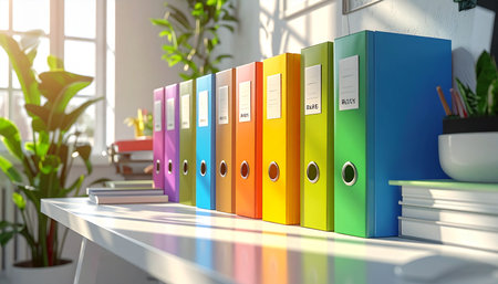 Sunlight streams into a bright, modern office, illuminating a neat row of colorful binders on a clean white desk.の素材