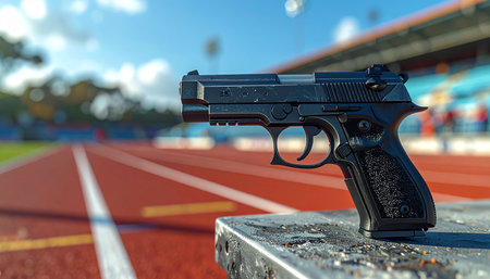 The signal to begin is set. A pistol rests on the starting block of a running track, gleaming in the bright sun.の素材