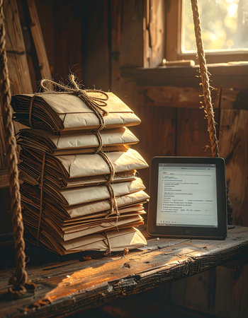 In a quiet, sunlit corner of a rustic attic, a stack of old letters, carefully bundled with string, rests on a wooden shelf.の素材