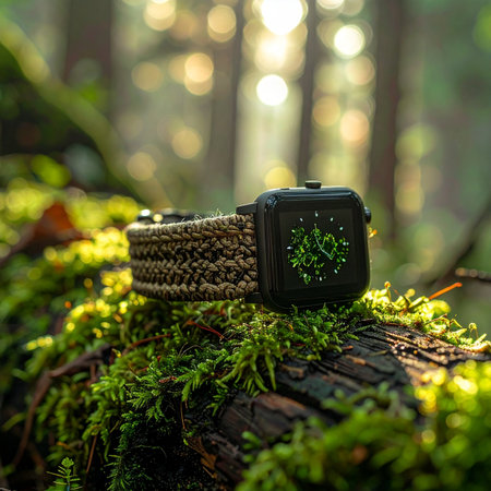 A modern smartwatch with a rugged, woven band rests on a vibrant green mossy log.の素材