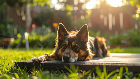 A beautiful German Shepherd mix finds a moment of pure bliss, resting on a wooden deck as the warm, golden light of the setting sun filters through the garden.の素材