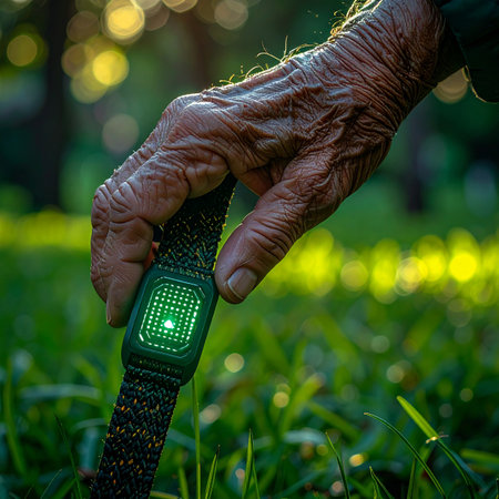 An elderly hand, marked by the passage of time, holds a glowing futuristic watch against a natural, grassy backdrop.の素材
