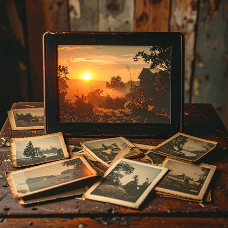A collection of faded, sepia-toned photographs from a bygone era lies scattered on a rustic wooden chest.の素材