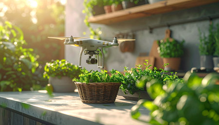 In the golden light of early morning, an advanced agricultural drone hovers over rows of fresh herbs.の素材