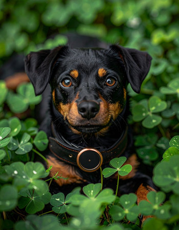 A small, soulful dog with expressive brown eyes rests peacefully in a lush bed of vibrant green clover.の素材