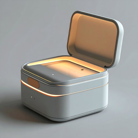 A sleek, minimalist box opens to reveal a warm, inviting glow from within.の素材