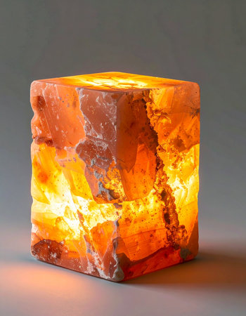 A cube-shaped Himalayan salt lamp radiates a soft, warm orange glow, creating a serene and tranquil atmosphere.の素材