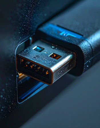 A macro shot captures the critical moment a USB drive connects to a device, its blue light glowing in the dark.の素材
