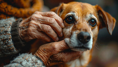 In a quiet, heartfelt moment, the wrinkled hand of an elderly person gently strokes the face of their loyal, aging dog.の素材