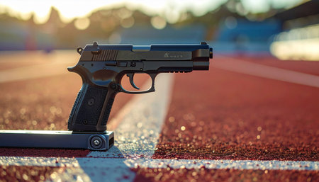 A semi-automatic pistol rests on the starting line of a running track, bathed in the warm glow of a setting sun.の素材