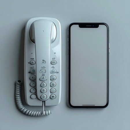 A visual timeline of communication, where the classic, corded landline rests beside the sleek, modern smartphone.の素材