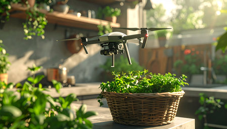In a sun-drenched modern greenhouse, an autonomous drone performs precision watering, showcasing the future of sustainable agriculture.の素材