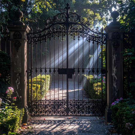 Morning sunbeams slice through the mist, illuminating a path beyond an ornate, wrought-iron gate.の素材