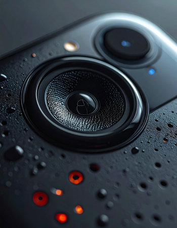 A close-up of a modern, waterproof audio speaker, resilient against water droplets.の素材