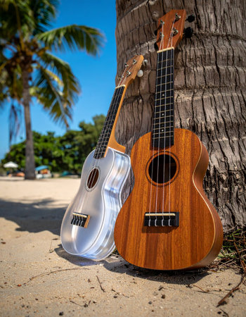 A classic wooden ukulele and its modern counterpart rest against a palm tree on a sun-drenched beach.の素材