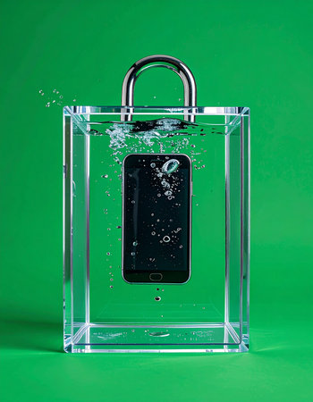 A modern smartphone is submerged in bubbling water, encased within a transparent, handbag-shaped container against a vibrant green background.の素材