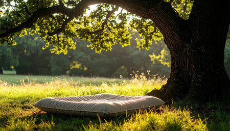 An inviting mattress rests on the lush green grass under the sprawling branches of an ancient oak tree.の素材
