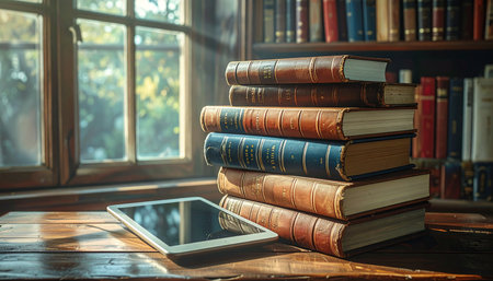 In a quiet, sun-drenched library, a stack of classic, leather-bound books sits beside a modern digital tablet on a wooden desk.の素材