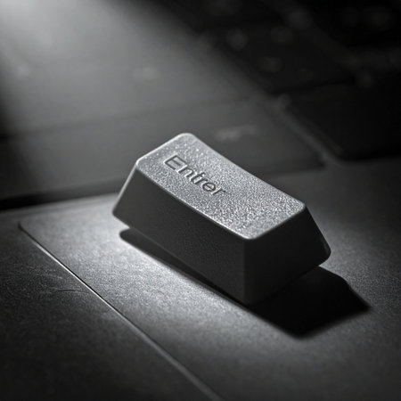 In a beam of dramatic light, a single enter key rests in the darkness, symbolizing a moment of finality.の素材