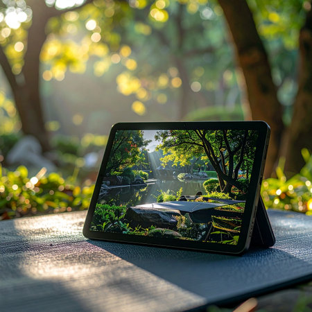 A digital tablet rests on an outdoor table, its screen displaying a tranquil garden scene.の素材