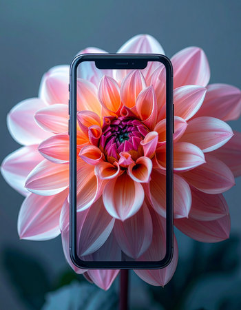 A creative visual where a smartphone screen perfectly aligns with a blooming pink and orange dahlia, creating an illusion of seeing through the device.の素材