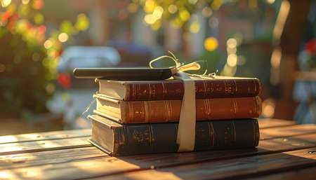 A stack of classic, leather-bound books tied with a simple ribbon rests on a rustic wooden table.の素材