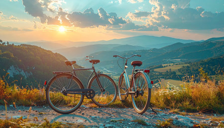 Two bicycles rest on a scenic mountain path, their journey paused to take in the breathtaking view of a golden sunset over rolling hills. A moment of tranquility and shared adventure in nature.の素材