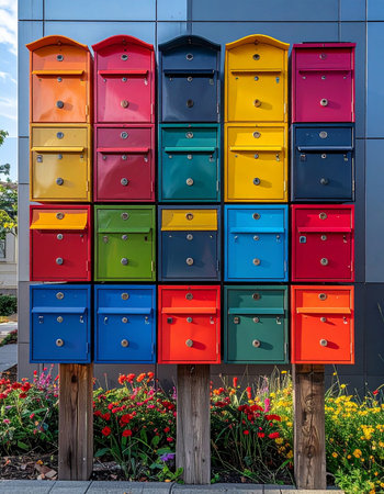 A vibrant collection of multi-colored mailboxes stands in a neat, organized grid, each one a unique portal for messages and stories.の素材