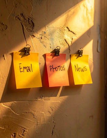 A warm beam of morning sunlight illuminates three colorful sticky notes clipped to a textured wall.の素材