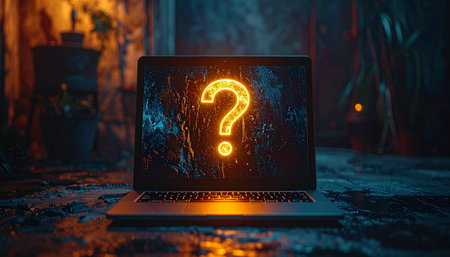 In a dimly lit, atmospheric setting, a laptop screen illuminates the darkness with a single, glowing question mark.の素材