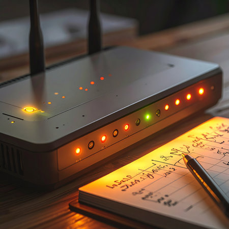 In the quiet of a late night, the blinking lights of a router illuminate handwritten notes, symbolizing the complex process of establishing a secure connection or troubleshooting a network issue.の素材