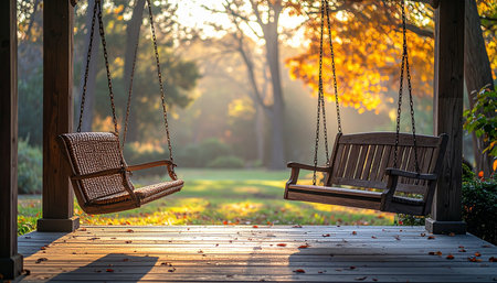 Golden morning light filters through autumn trees, illuminating two empty wooden swings on a quiet porch.の素材