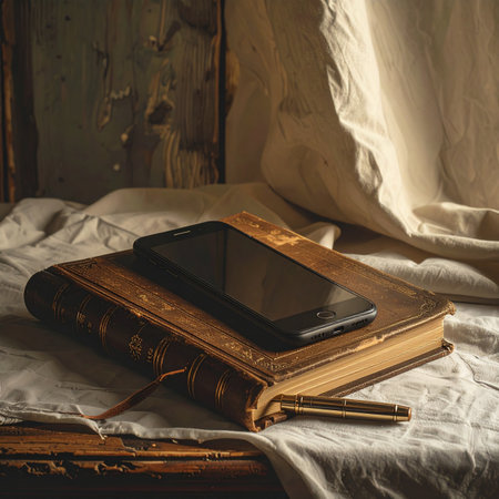 In a quiet, rustic corner, a modern smartphone rests upon a weathered, antique book.の素材