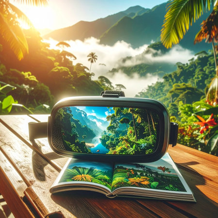Escape to a digital paradise without leaving your seat. A virtual reality headset rests on an open book, its screen mirroring the breathtaking jungle landscape that surrounds it.の素材