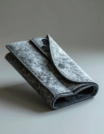 A minimalist and stylish gray felt wallet, showcasing its unique mottled texture and simple snap closure.の素材