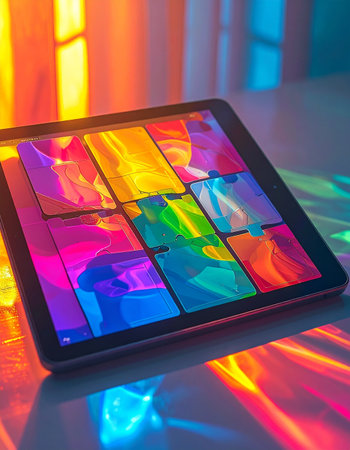 A digital tablet comes to life, its screen a portal to a world of vibrant creativity and endless content.の素材