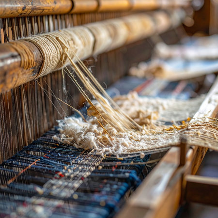 A close-up view captures the intricate process of traditional weaving on an antique wooden loom.の素材