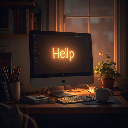 A computer monitor illuminates a dark room with an urgent, glowing message.の素材