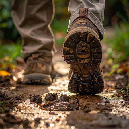 A close-up shot captures the rugged sole of a muddy hiking boot pressing into a wet, leaf-strewn trail.の素材