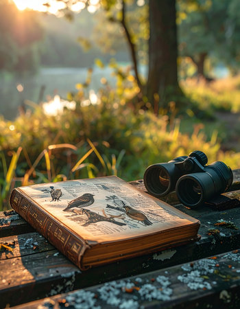 A vintage ornithology guide and a pair of binoculars rest on a rustic wooden table, bathed in the warm glow of a sunrise.の素材